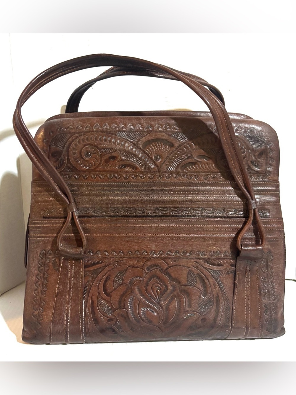 Vintage handmade Brown Tooled distressed Leather handle Bag